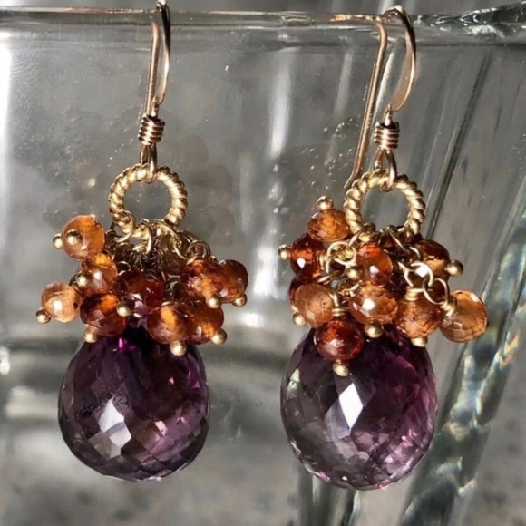 New Genuine Natural Amethyst & Hessonite Garnet Gold Filled Earrings